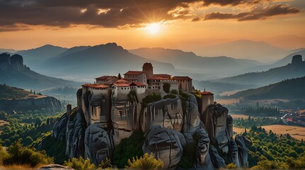 Panoramic scenic view of the famous Meteora flying monasteries in Greece at sunrise. A journey to the wonders of the world. Visit tourist attractions and landmarks.generative.ai 