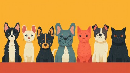 Illustration of adorable cartoon cats and dogs lined up in a row, featuring a variety of colorful and playful characters against a bright yellow background.
