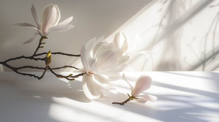 Gentle shadows play on a pristine white table beneath a magnolia.