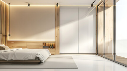 Wooden closet with sleek sliding doors in minimalistic style bedroom decor. White background removed.