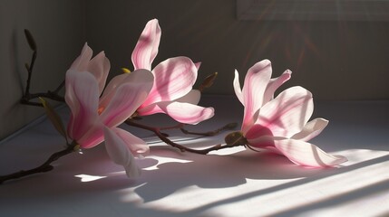Soft shadows dance on a pristine table beneath a blooming magnolia.