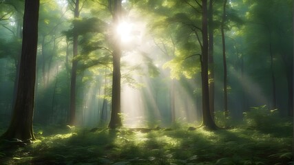 A dense forest with towering trees and rays of sunlight filtering through the leaves, captured in HD