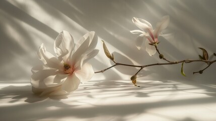 Soft shadows dance on a pristine table beneath a blooming magnolia.