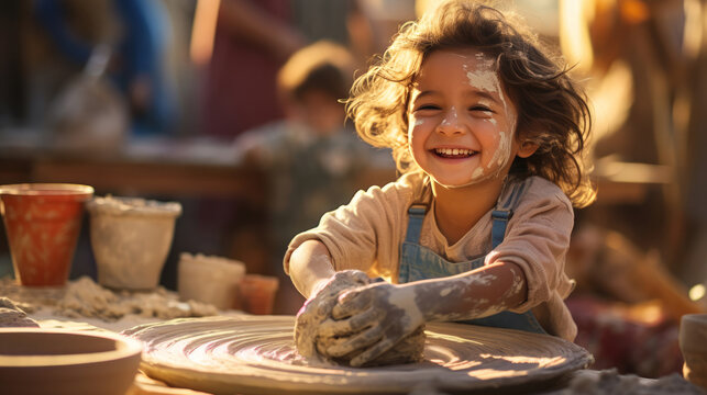 generated illustration creative child working on pottery wheel. Kids arts and crafts class in workshop