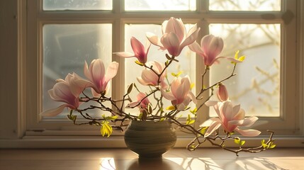 Sunlight streams through a window, highlighting a graceful magnolia arrangement.