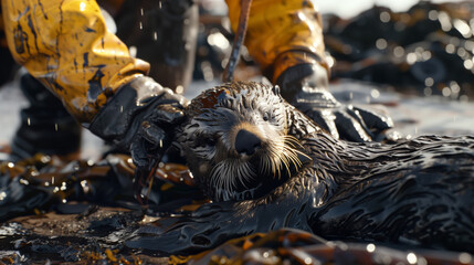 An eco-volunteer in a protective suit helps a sea otter get rid of oil waste. Assistance to marine life in case of an oil spill. Ocean pollution