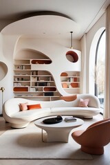 Modern Luxury Living Room with Sculptural Bookshelf and Curved Sofa