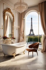 Opulent Parisian Bathroom with Eiffel Tower View