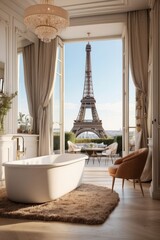 Opulent Parisian Bathroom with Eiffel Tower View