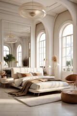 Luxurious Parisian Bedroom with Modern Furniture and Arched Windows