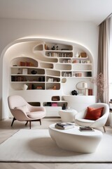 Modern Minimalist Living Room with Sculptural Bookshelf