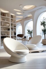 Modern Minimalist Living Room with Sculptural White Chairs and Organic Shapes