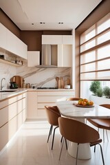 Modern Minimalist Kitchen with Marble Countertops and Brown Accents