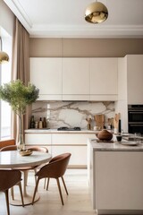 Modern Parisian Kitchen with Marble Accents and Gold Lighting