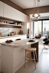 Fototapeta premium Modern Parisian Kitchen with Marble Island and Warm Accents