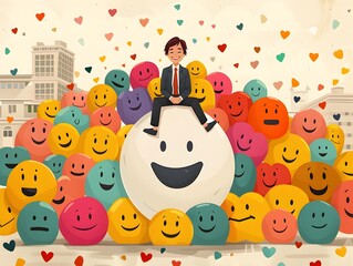 Businessman Sitting on Smiling Face Symbol Surrounded by Colorful Emoji Faces and Hearts in