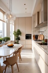 Modern Parisian Kitchen with Marble Accents and Gold Lighting