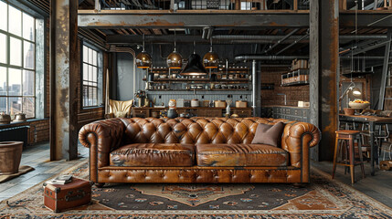 Industrial loft living room with a leather sofa and a worn leather throw pillow.