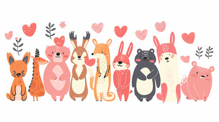 Funny Animal in Love Feel Passion at Valentine Day ,A set of cute cartoon animals. Vector flat images of animals for postcards, invitations, textiles, thermal printing