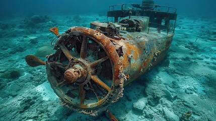A sunken ship, with its propeller still attached, lying on the ocean floor..stock image