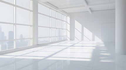 Fototapeta premium Front view of an office interior with a row of dark wood tables standing under large windows