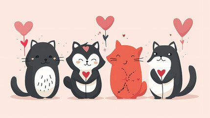 Naklejka premium Funny Animal in Love Feel Passion at Valentine Day ,A set of cute cartoon animals. Vector flat images of animals for postcards, invitations, textiles, thermal printing