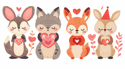 Naklejka premium Funny Animal in Love Feel Passion at Valentine Day ,A set of cute cartoon animals. Vector flat images of animals for postcards, invitations, textiles, thermal printing