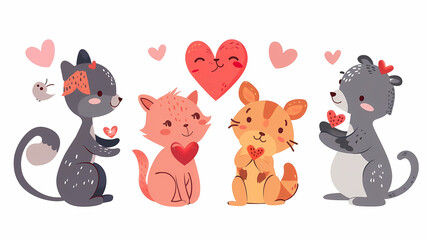 Funny Animal in Love Feel Passion at Valentine Day ,A set of cute cartoon animals. Vector flat images of animals for postcards, invitations, textiles, thermal printing
