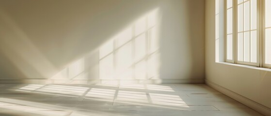 Sunlight streaming through large windows into an empty room, casting shadows on the floor. Minimalist interior space with warm lighting.