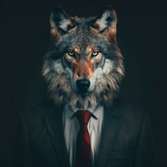 wolf in the suit with tie, headshot portrait, photo realistic