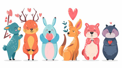 Naklejka premium Funny Animal in Love Feel Passion at Valentine Day ,A set of cute cartoon animals. Vector flat images of animals for postcards, invitations, textiles, thermal printing
