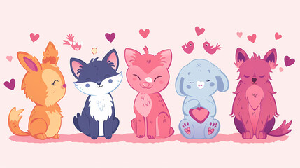 Naklejka premium Funny Animal in Love Feel Passion at Valentine Day ,A set of cute cartoon animals. Vector flat images of animals for postcards, invitations, textiles, thermal printing