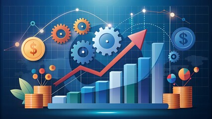 Financial development in business, showcasing increasing profit growth with upward trending graphs, currency symbols, and corporate imagery.