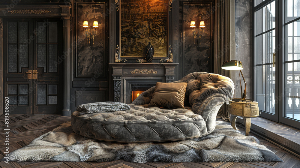 Wall mural Luxurious living room with a velvet chaise lounge and plush fur throw pillows. - Wall murals