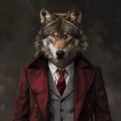 wolf in the suit with tie, headshot portrait, photo realistic
