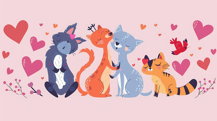 Fototapeta premium Funny Animal in Love Feel Passion at Valentine Day ,A set of cute cartoon animals. Vector flat images of animals for postcards, invitations, textiles, thermal printing