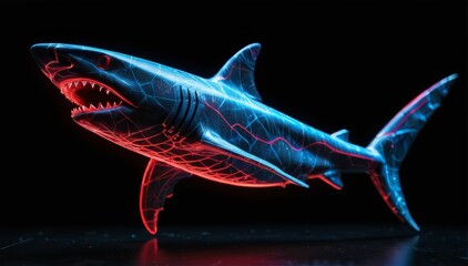Neon Shark Wireframe Swimming Against a Black Marble Background with Red and Blue Lights