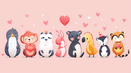 Naklejka premium Funny Animal in Love Feel Passion at Valentine Day ,A set of cute cartoon animals. Vector flat images of animals for postcards, invitations, textiles, thermal printing
