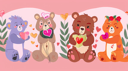 Obraz premium Funny Animal in Love Feel Passion at Valentine Day ,A set of cute cartoon animals. Vector flat images of animals for postcards, invitations, textiles, thermal printing