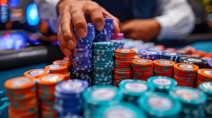 A casino dealer handling a large stack of chips