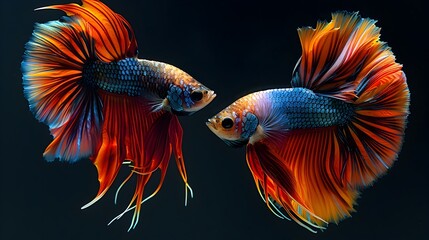 Fototapeta premium Dramatic Encounter of Vibrant Siamese Fighting Fish with Flaring Fins in Saturated Digital