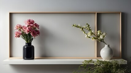 interior design of room, A sleek and minimalist flower frame, with clean and precise lines, offering a modern and sophisticated canvas for your message.