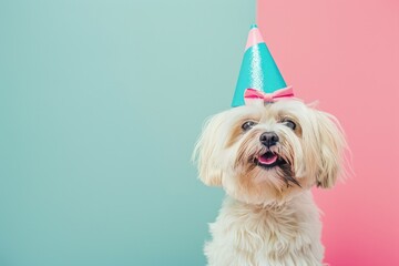 Happy Havanese dog wearing a birthday hat and bow tie on a colored background
