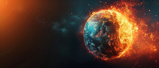 Obraz premium A fiery planet in space, half engulfed in flames with a backdrop of stars and cosmic dust, depicting a dramatic celestial scene.