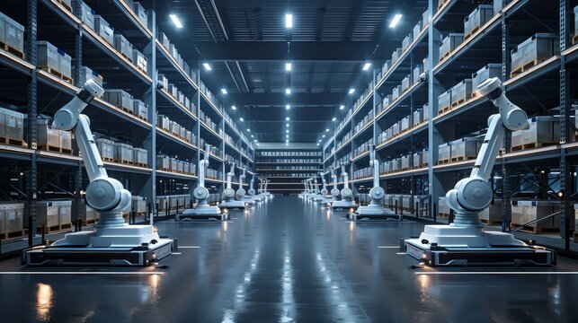 Modern automated warehouse with robotic arms operating along aisles of shelves glowing in blue light, showing advanced industrial technology. - Powered by Adobe