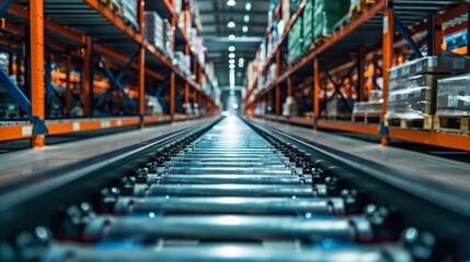 Naklejka premium Industrial warehouse conveyor with metal rollers in a storage facility showcasing organized shelving and goods in a well-lit environment.