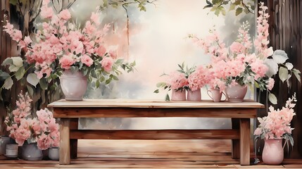 podium background with adorned with flowers, set in an outdoor garden during springtime, atmosphere of celebration and renewal, Watercolor Painting, soft brushstrokes and pastel