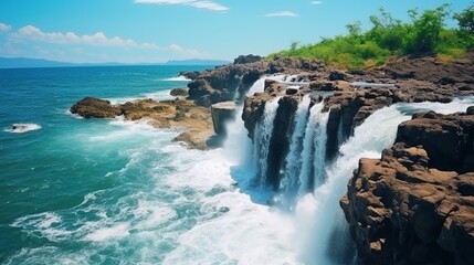 Obraz premium A serene beach with crystal clear blue water, white sand, and palm trees swaying in the gentle breeze.