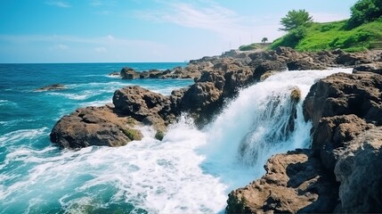 Obraz premium A serene beach with crystal clear blue water, white sand, and palm trees swaying in the gentle breeze.