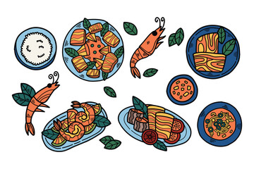 A black and white drawing of a variety of foods, including shrimp, fish